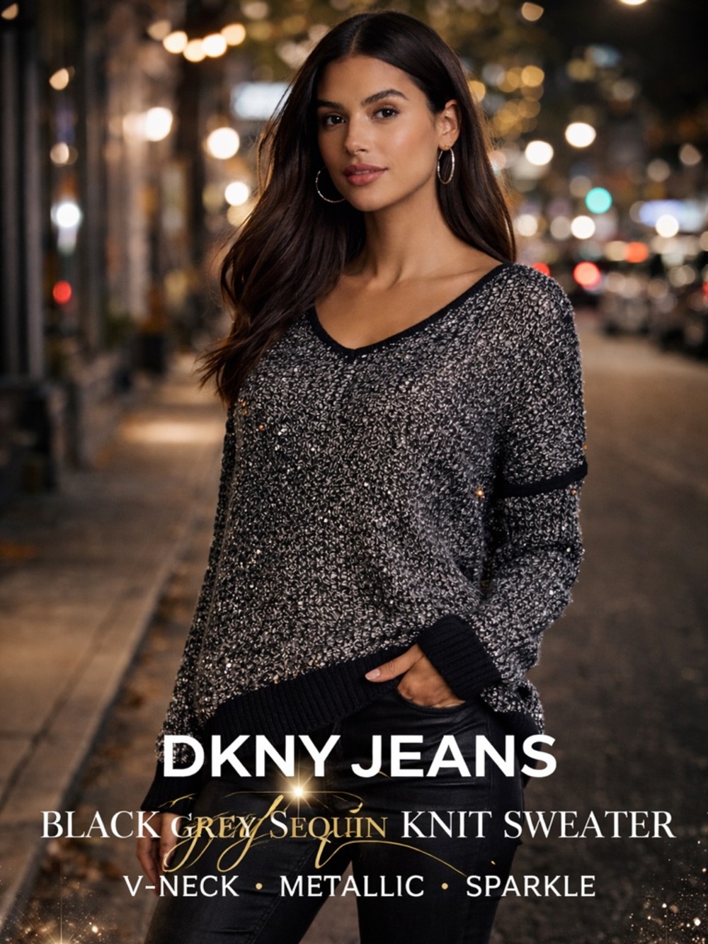 DKNY Jeans Black Grey Sequin Knit‎ Sweater V-Neck Loose Metallic Sparkle Top M